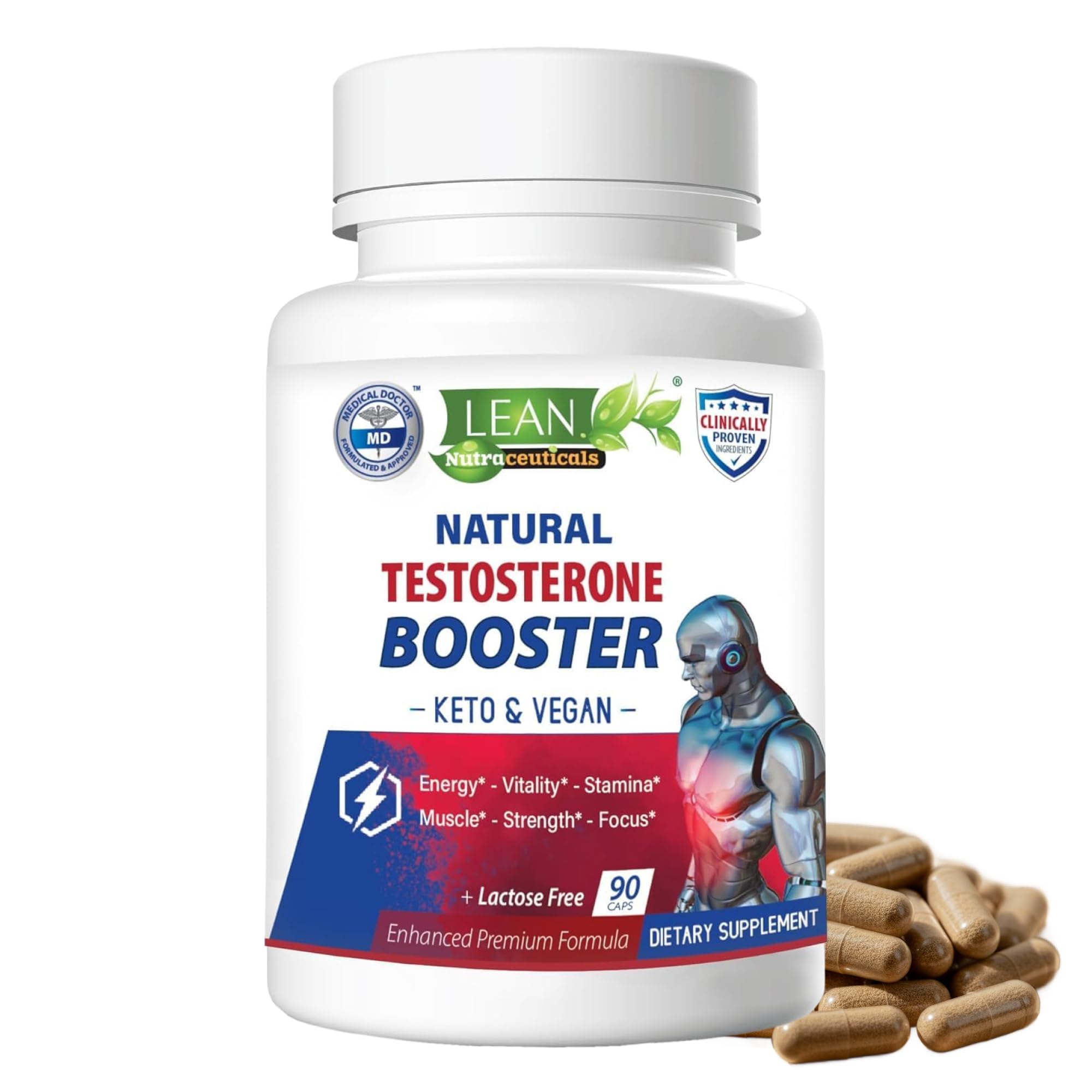 Male testosterone libido booster capsules for men vegan Tongkat Ali DHEA Tribulus Maca Zinc energy muscle workout performance 90 capsules bottle