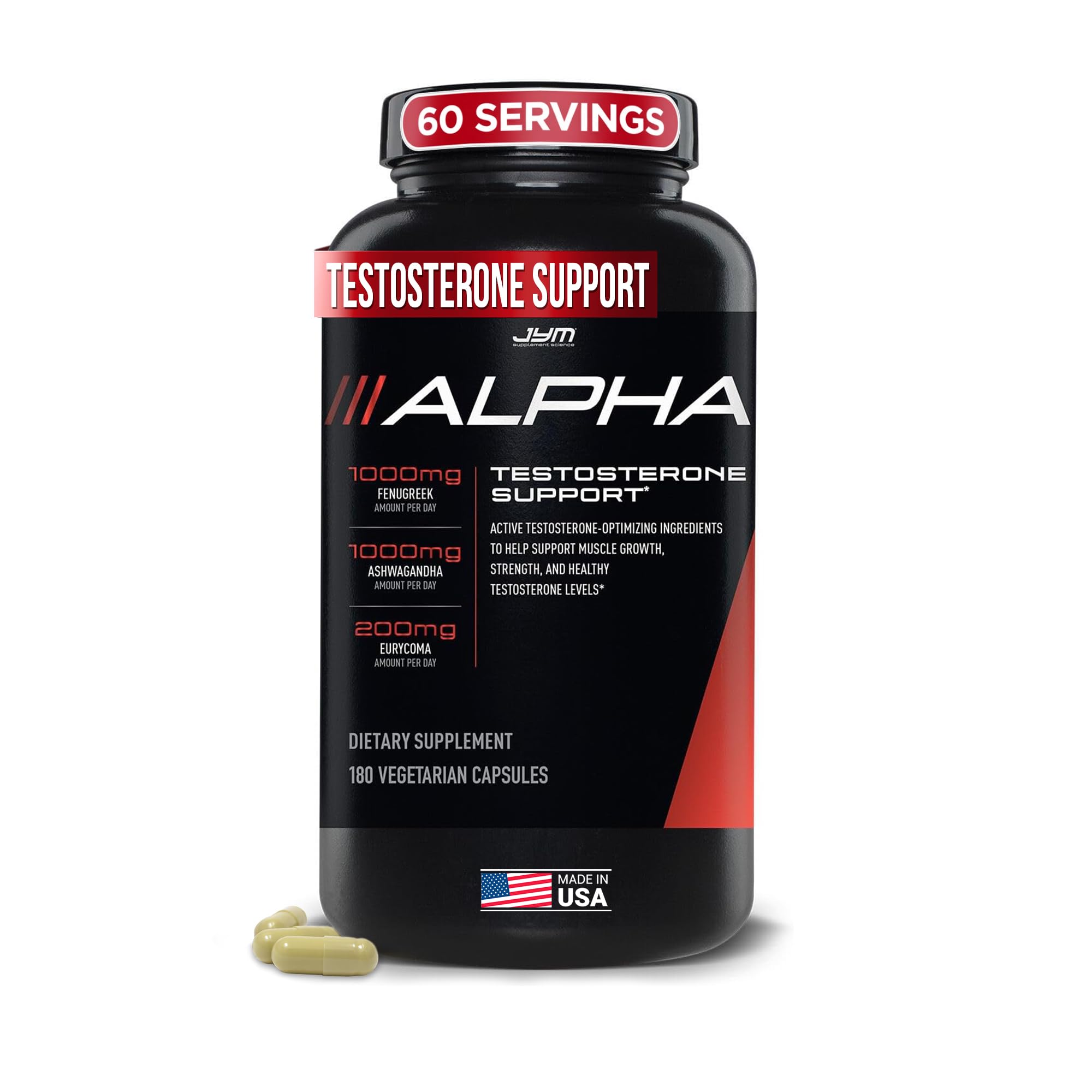 Alpha JYM testosterone support capsules men Ashwagandha Fenugreek Tongkat Ali DIM Damiana Quercetin energy vitality performance 180 vegetarian capsules bottle