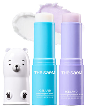 theSAEM Iceland Hydrating Eye Stick Bundle featuring two different formulas: the original Hydrating stick and the 5-Peptide firming stick.
