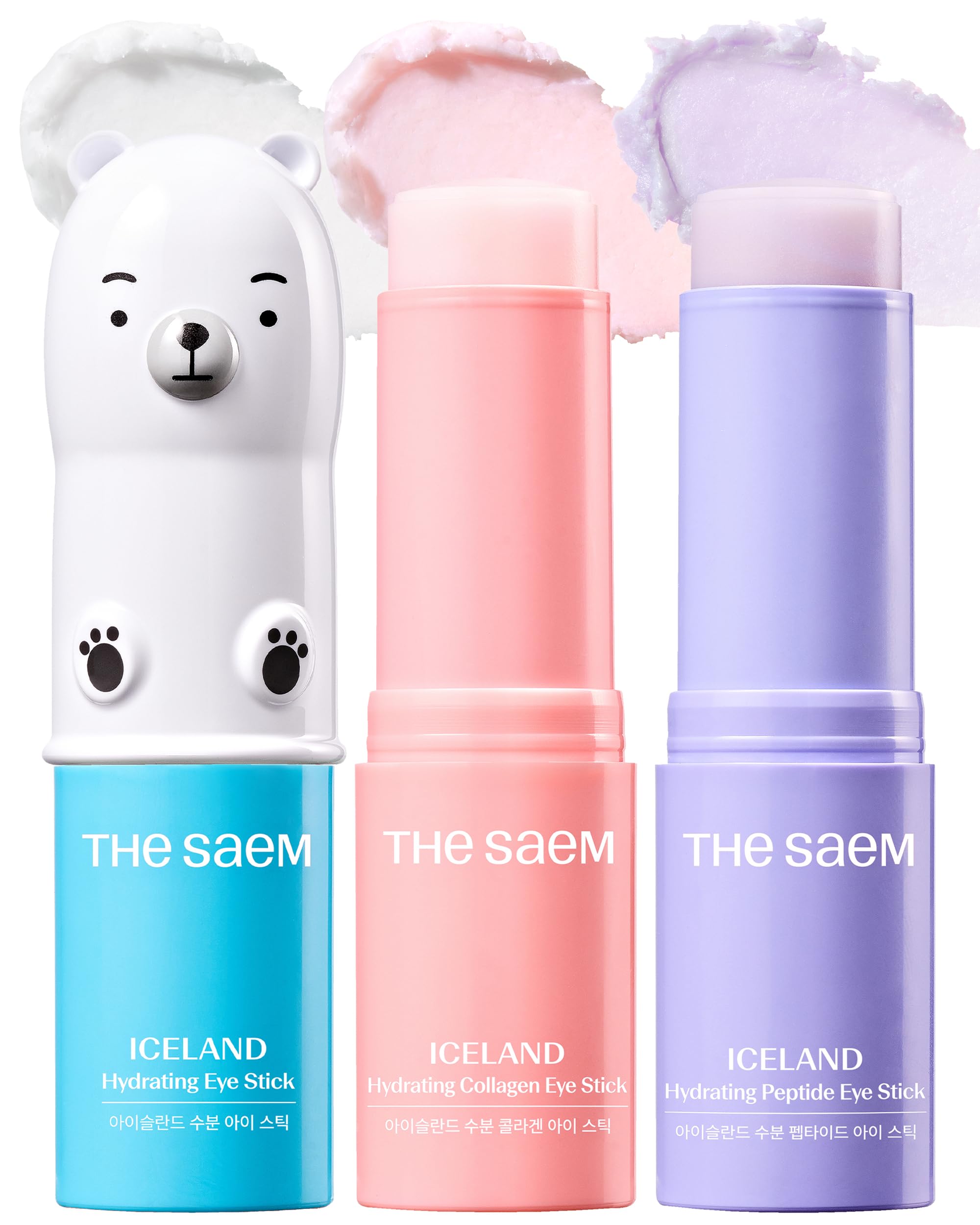 theSAEM Iceland Eye Stick Bundle featuring three specialized formulas: Collagen (Purple), Peptide (White), and Hydrating (Blue) for a total eye transformation.