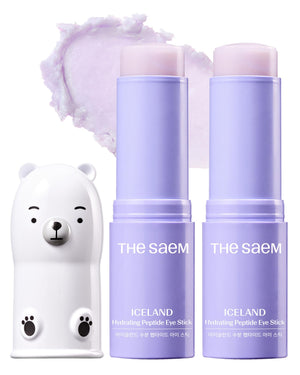 Two sticks of theSAEM Iceland Hydrating Peptide Eye Balm, highlighting the cooling glacier water and skin elasticity benefits.
