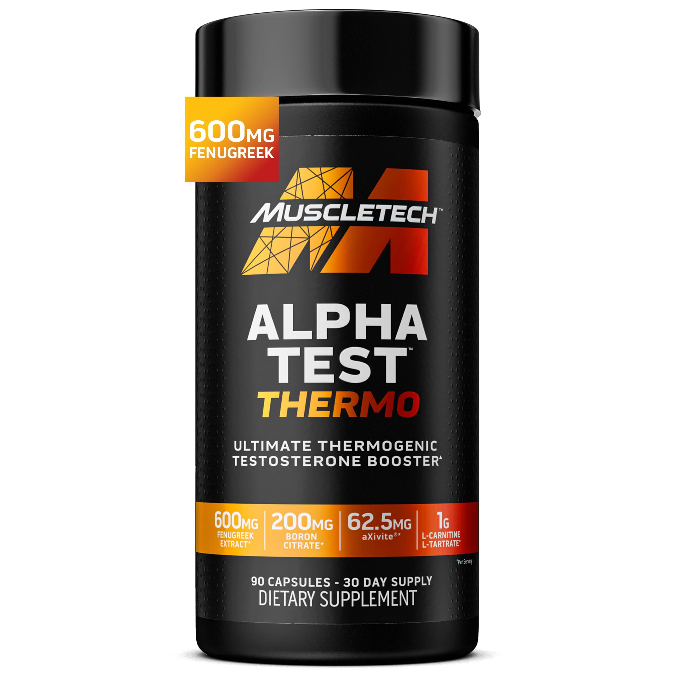 MuscleTech AlphaTest Thermo testosterone booster pills men Tribulus thermogenic energy stamina muscle growth gym workout supplement 90 pills bottle