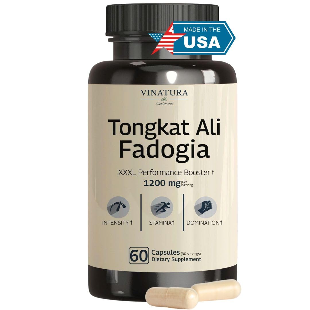 Tongkat Ali Fadogia Agrestis 1200mg capsules men nitric oxide booster testosterone support energy stamina performance USA made 60 capsules bottle