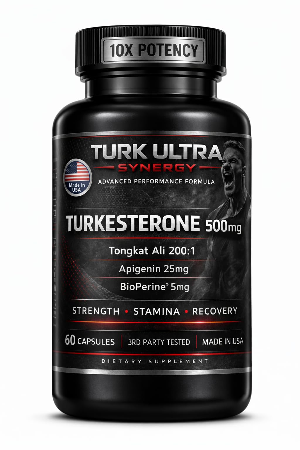 Turkesterone Tongkat Ali supplement capsules for men 500mg muscle growth stamina performance Apigenin BioPerine 60 capsules made in USA bottle