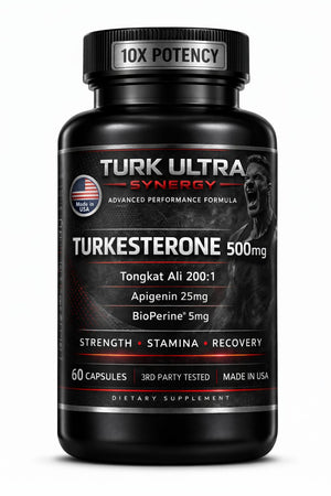 Turkesterone Tongkat Ali supplement capsules for men 500mg muscle growth stamina performance Apigenin BioPerine 60 capsules made in USA bottle