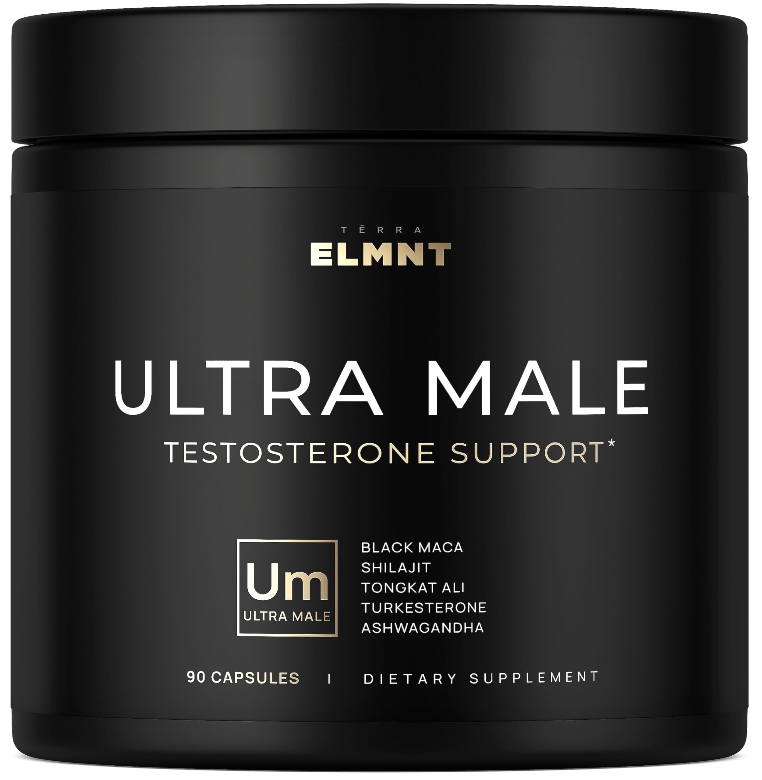 ULTRA MALE premium testosterone booster supplement for men with Shilajit Black Maca Ashwagandha Tongkat Ali libido energy strength support capsules bottle