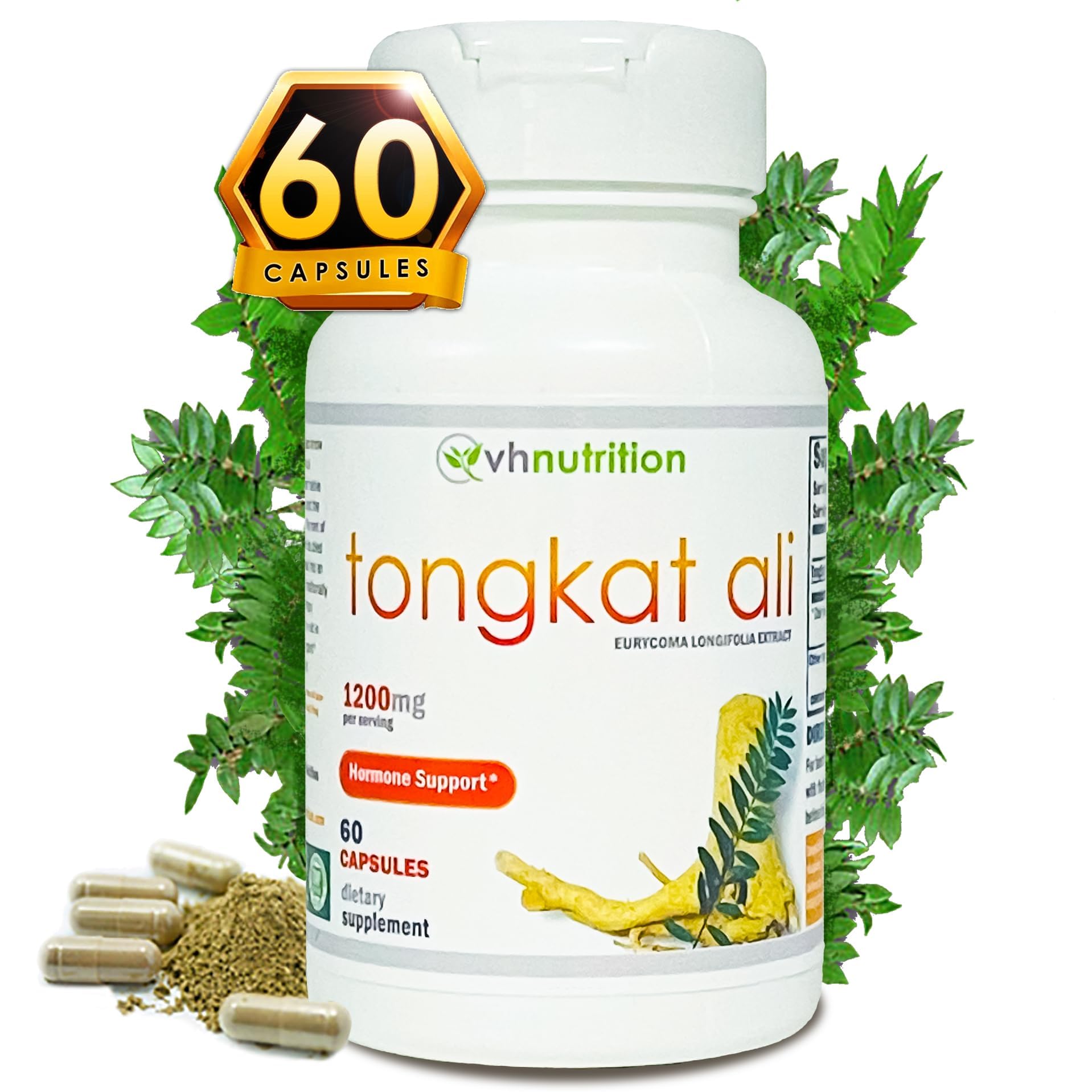 VH Nutrition Tongkat Ali capsules men 200:1 Eurycoma Longifolia extract testosterone hormone support energy vitality 60 capsules bottle