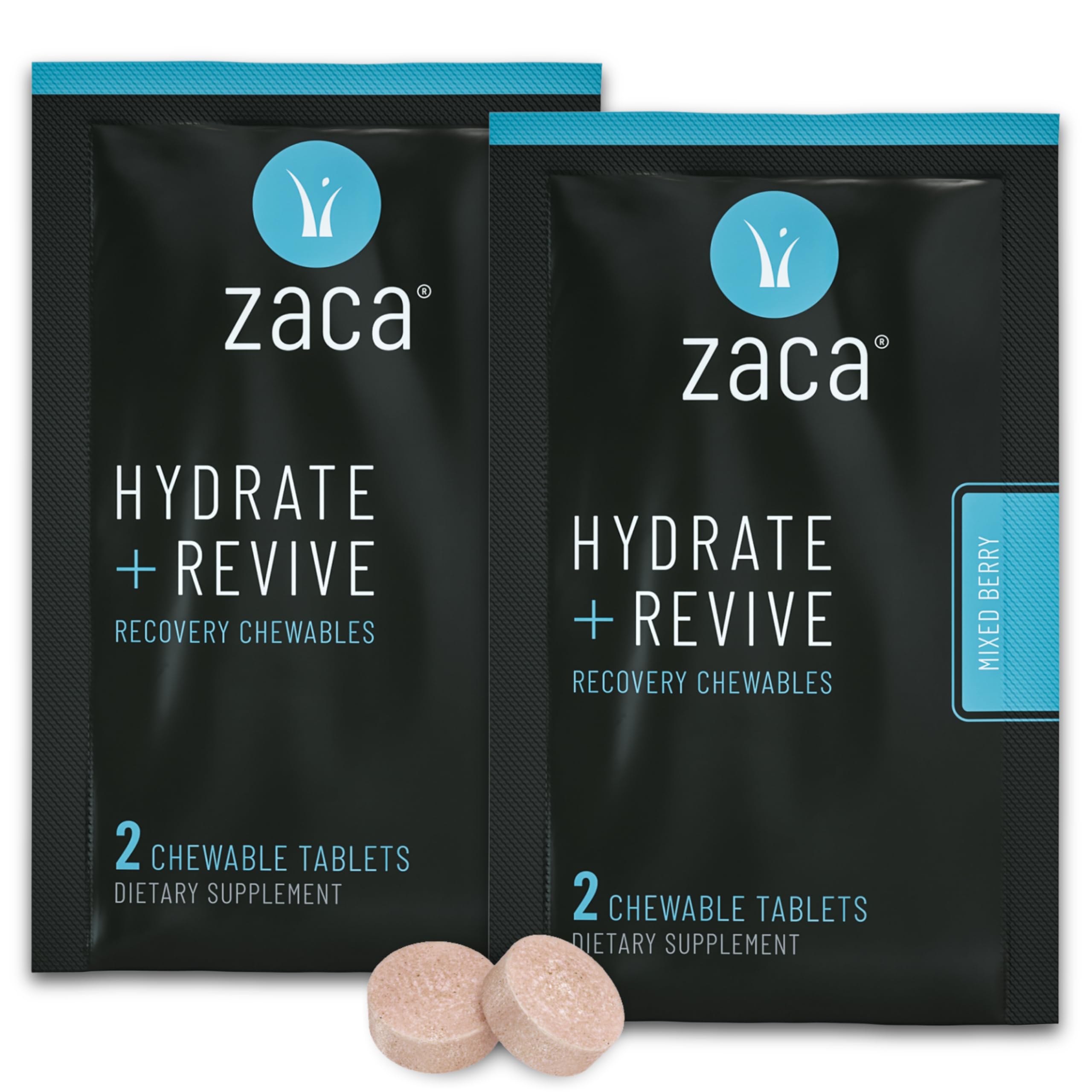 Zaca recovery chewable tablets hydration revive supplement sugar free gluten free mixed berry 4 tablets portable recovery
